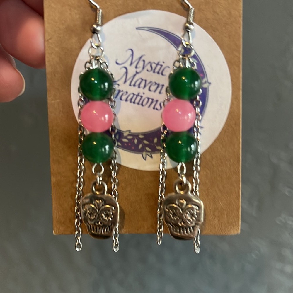 NWT Green Jade&pink rose qu.Day of the Dead Skull Charm Stainless Steel Earrings